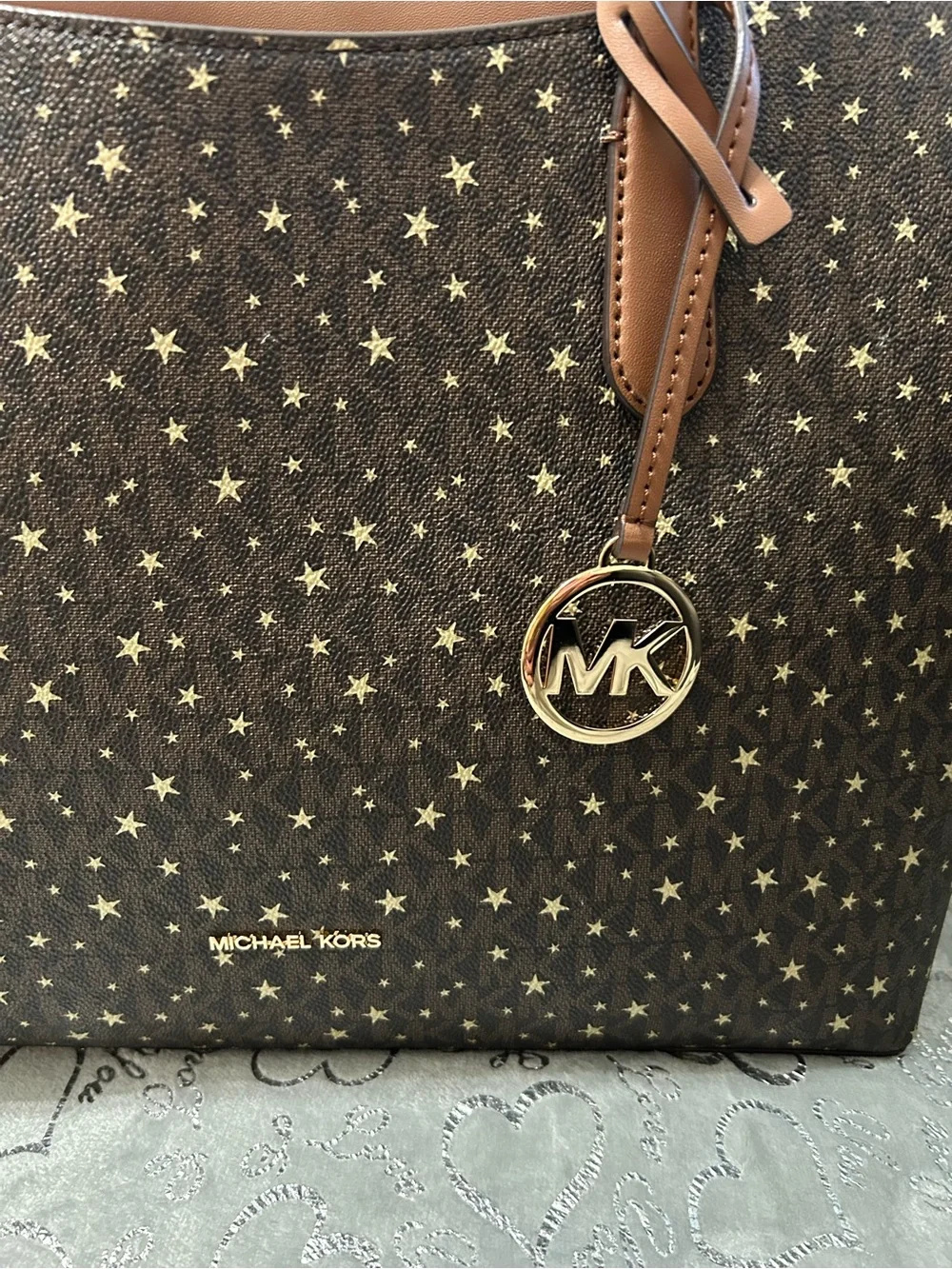 NWT Michael Kors Arden Brown Star-Print Logo Tote with Tan Trim